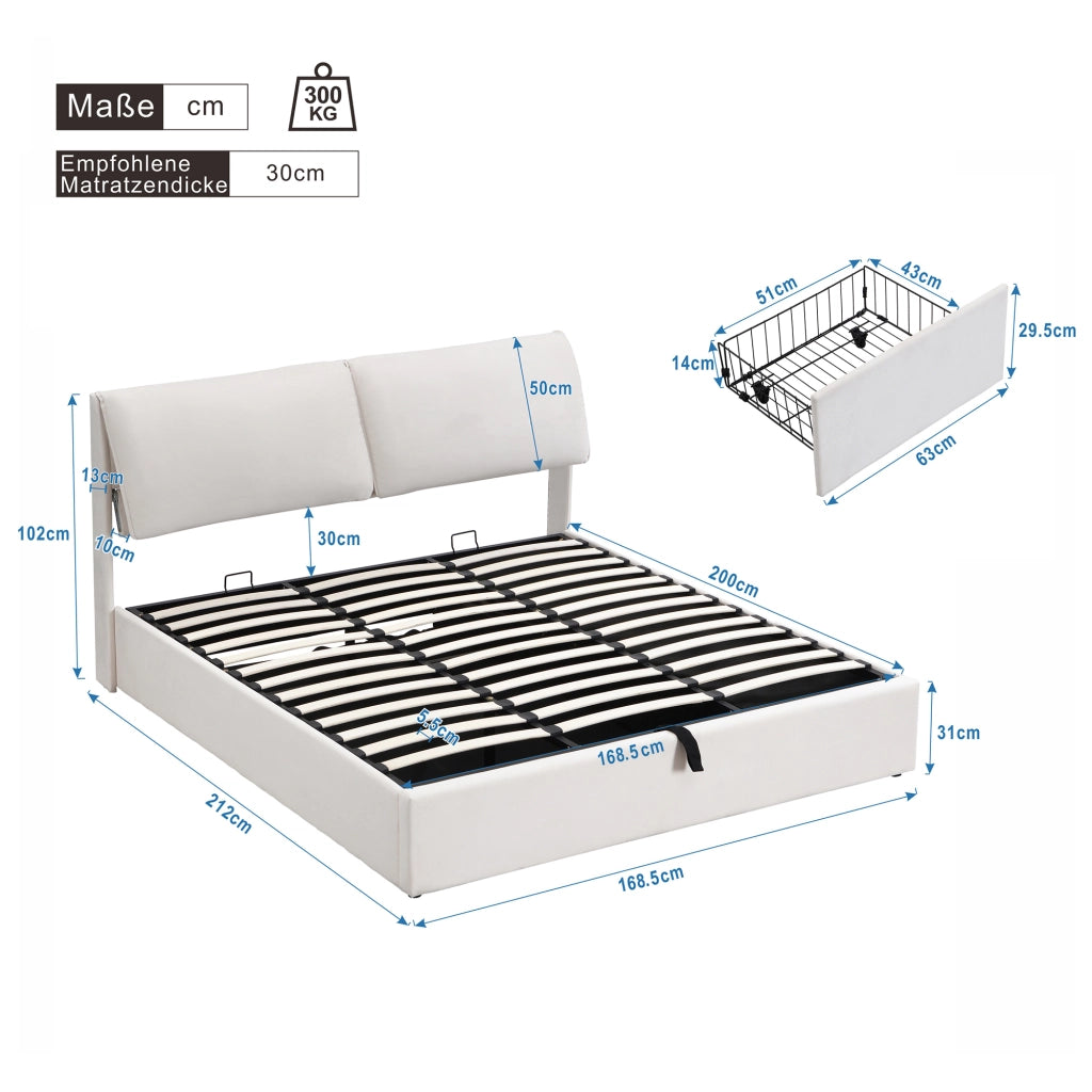 Letto contenitore 160 × 200 cm con 3 cassetti, apertura idraulica e vano integrato, senza materasso, in velluto beige