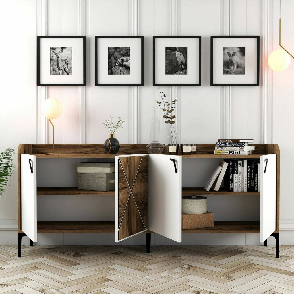 Credenza Also, Credenza da soggiorno, Armadio basso per TV, Base parete attrezzata, 180x35 h78 cm, Noce e Bianco
