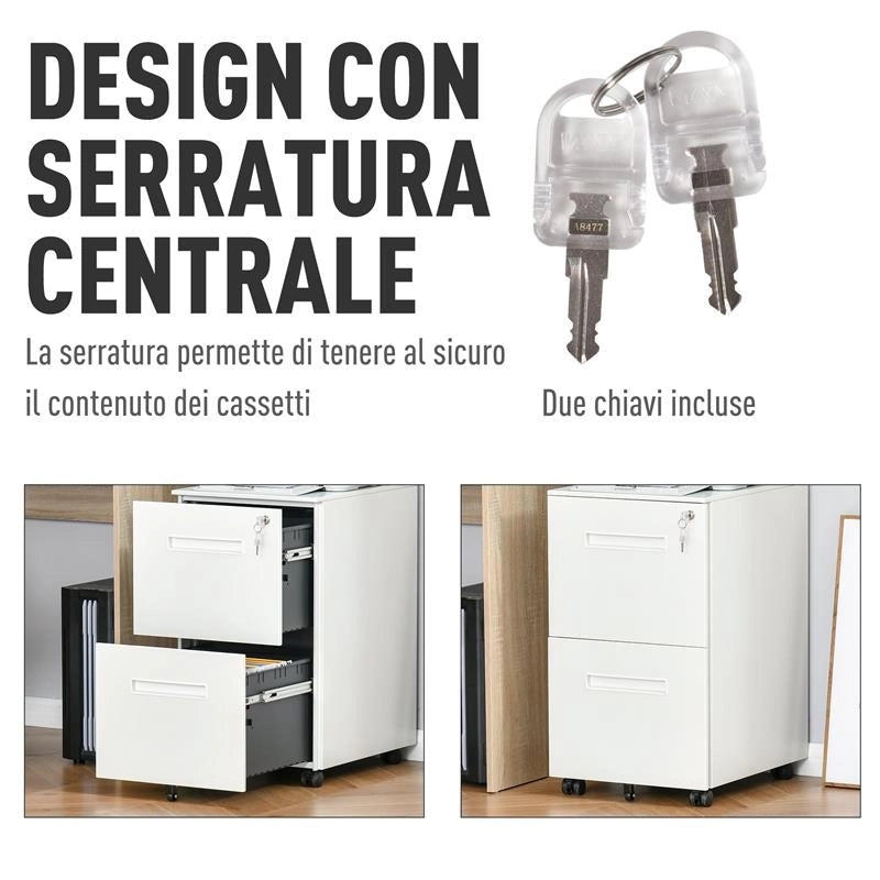 CASSETTIERA DA UFFICIO IN ACCIAIO CON RUOTE, SCHEDARIO PORTADOCUMENTI 2 CASSETTI E SERRATURA 39X48X67CM, BIANCO