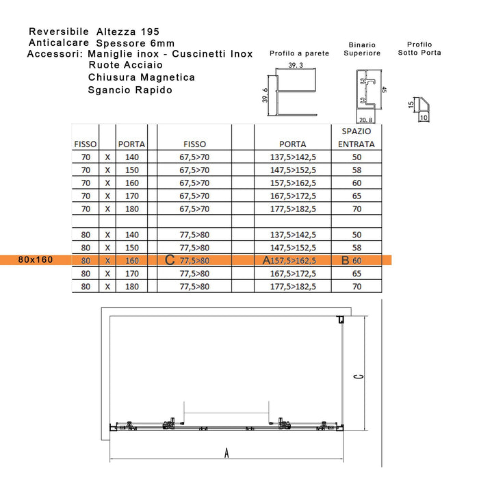 Box Doccia Angolare 80x160 cm 2 Ante Scorrevoli in Cristallo Trasparente 6mm H195 Bonussi Eliane