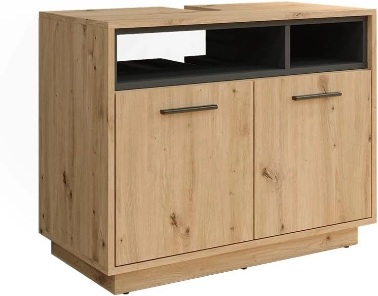 Mobile sottolavabo per bagno Beatrice, Rovere artigianale/antracite, 80 x 64 cm, con ritaglio per sifone e ripiani aperti