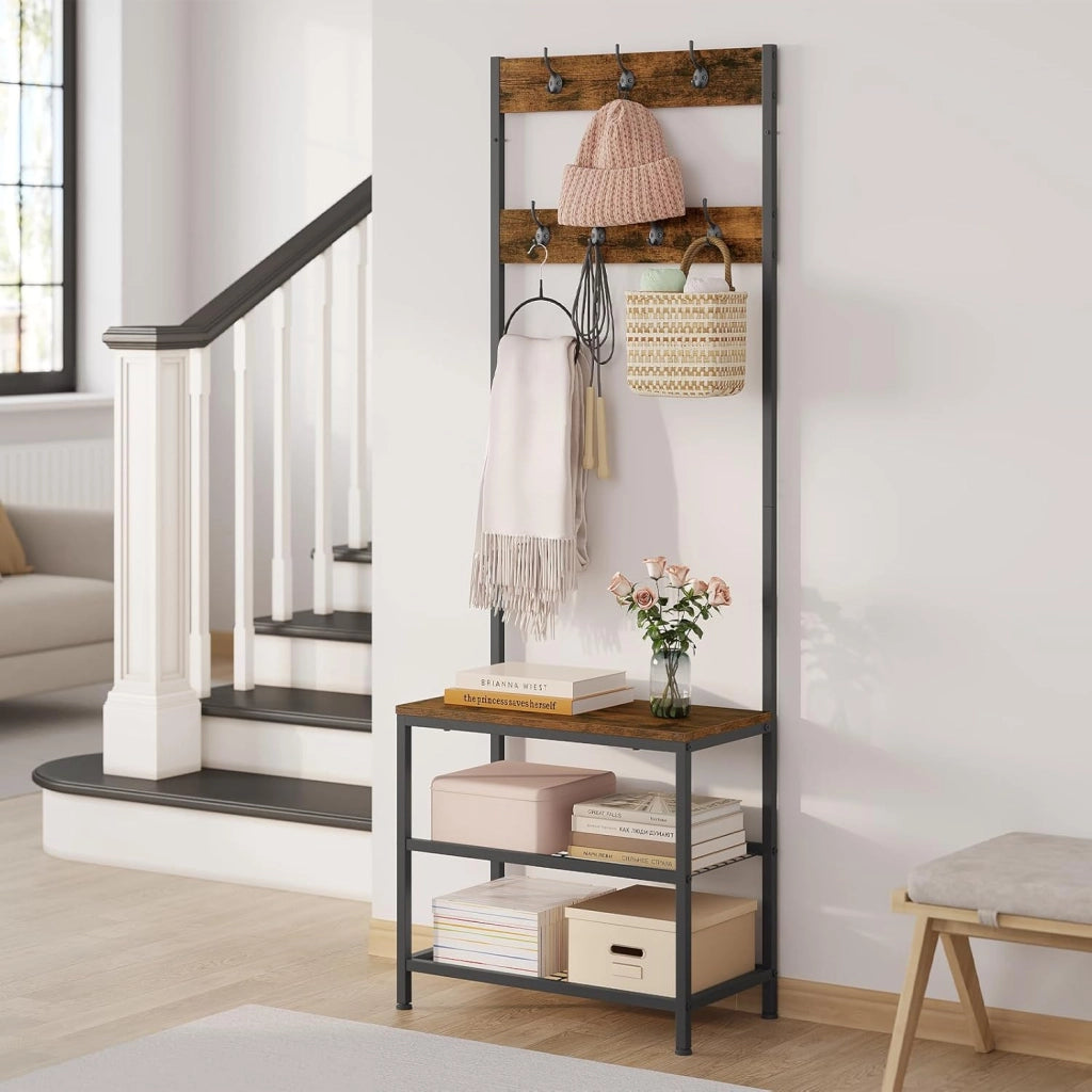 Appendiabiti Panca Porta Scarpe 3 in 1, Scaffale per Scarpe a 2 Livelli con Sedile e 7 Ganci, per Corridoio/Ingresso, Metallo + Legno Ingegnerizzato, Nero + Marrone Rustico, 60x31,5x170cm