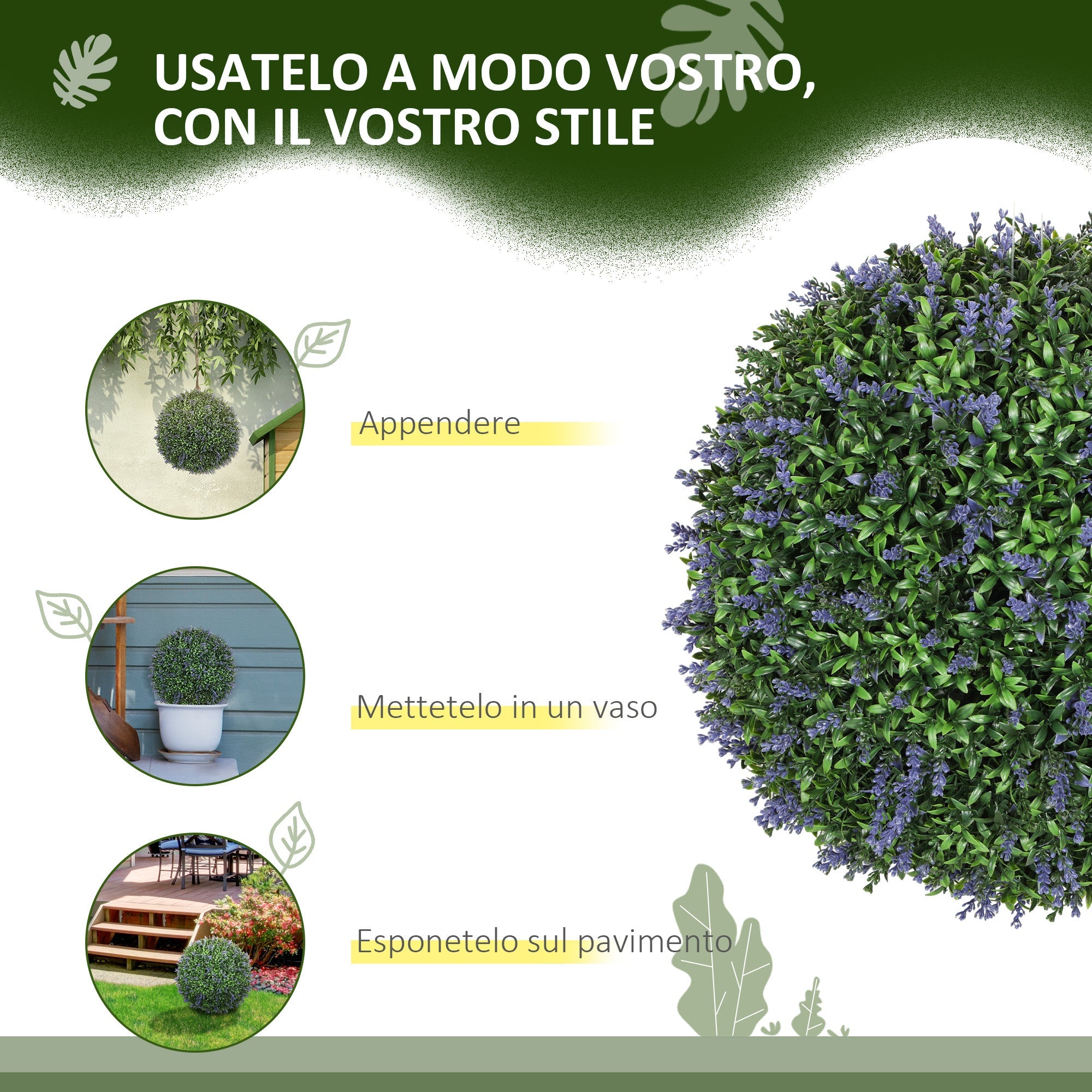 Set di 2 Piante Artificiali a Sfera Ø42 cm con Fiori di Lavanda per Casa e Giardino Verde e Viola