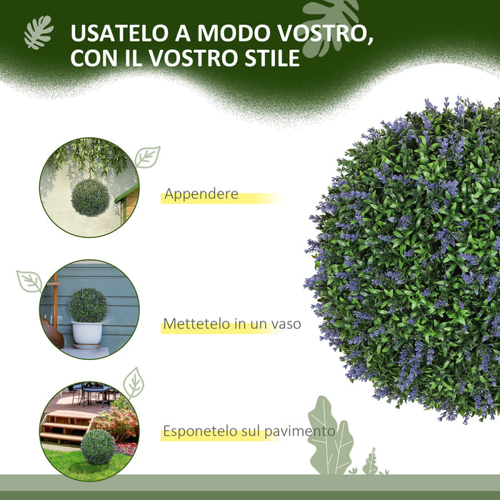 Set di 2 Piante Artificiali a Sfera Ø42 cm con Fiori di Lavanda per Casa e Giardino Verde e Viola