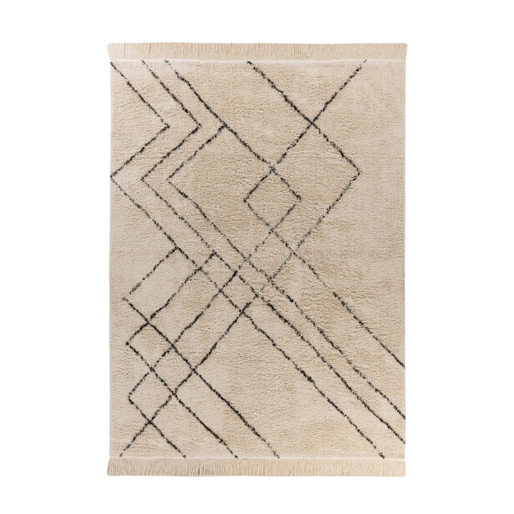 Tappeto Mylen in cotone crema e nero con frange