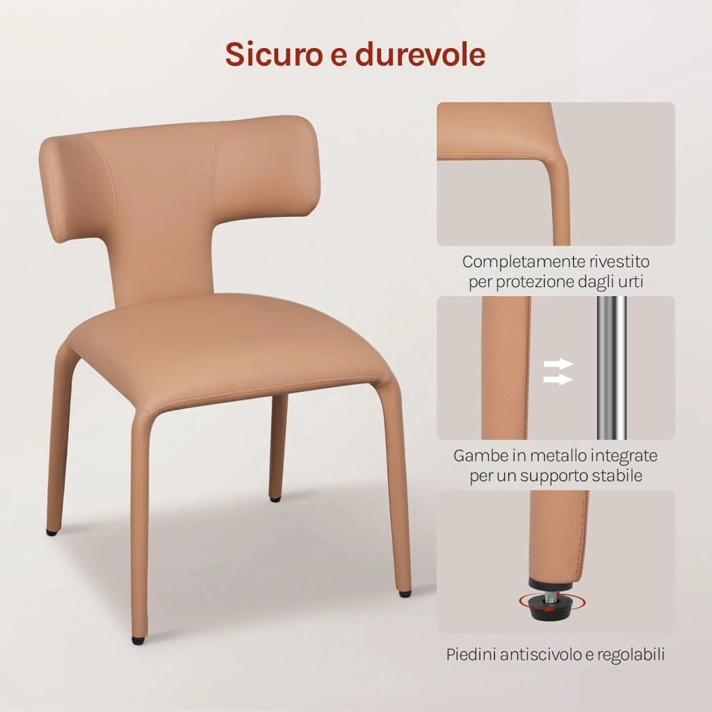 Set di 4 Sedie da Pranzo, Sedie Cucina con Schienale Curvo, Struttura Metallica, Rivestimento in Pelle Sintetica, per Sala da Pranzo, Soggiorno, Cucina,Marrone cammello chiaro
