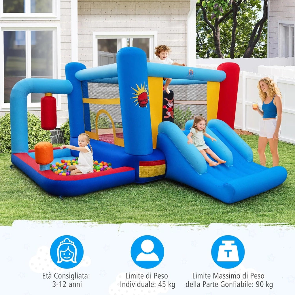 Castello Gonfiabile per Bambini con Soffiatore 550W, Casa Gonfiabile con Palo da Boxe, Trampolino, Doppio Scivolo, Piscina di Palline e Canestro da Basket, per Bambini 3-12 Anni