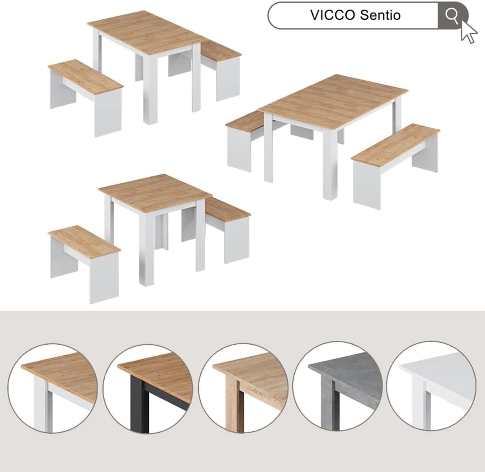 Set da pranzo Sentio, Quercia dorata/bianco, 80 x 80 cm con 2 panche, salvaspazio per zona pranzo e angolo colazione