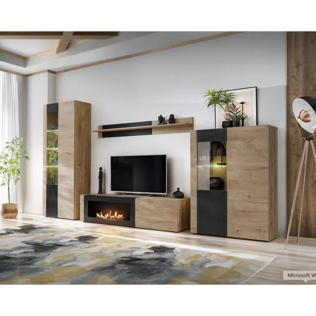 Set di soggiorno DOUM – Rovere chiaro e nero – Con camino a bioetanolo – L320 x H192 x P45 cm