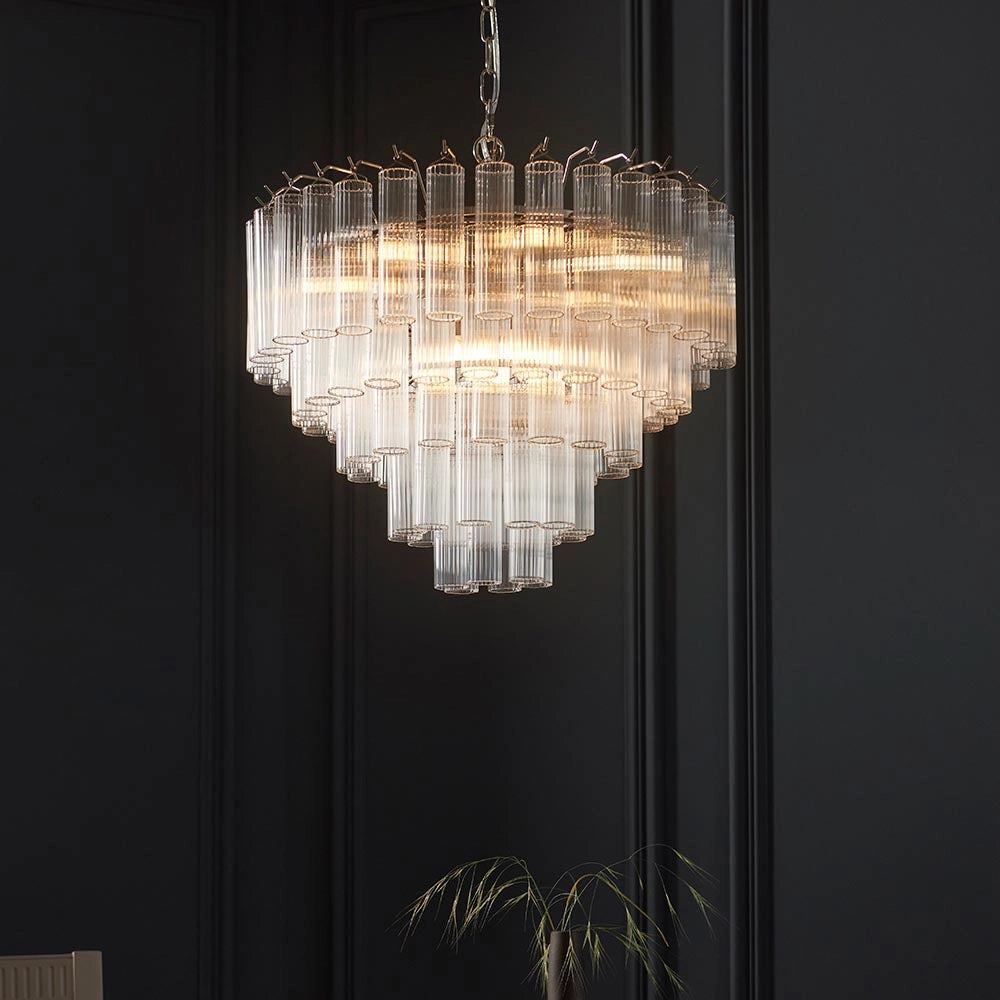 Lampadario Toulouse Endon nichel vetro rigato 12xG9