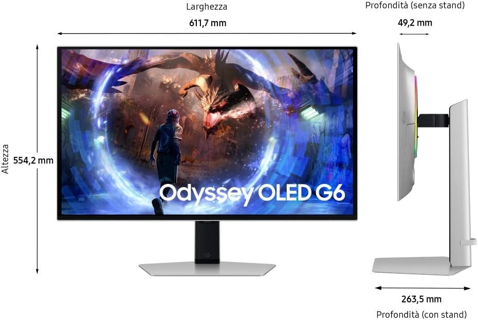 Samsung Monitor Gaming Odyssey OLED G6 (S27DG602), Flat, 27'', 2560x1440 (QHD), 16:9, HDR10+, OLED, 360Hz, 0,03ms (GtG), FreeSync Premium Pro, HDMI, USB, DP, HAS, Pivot
