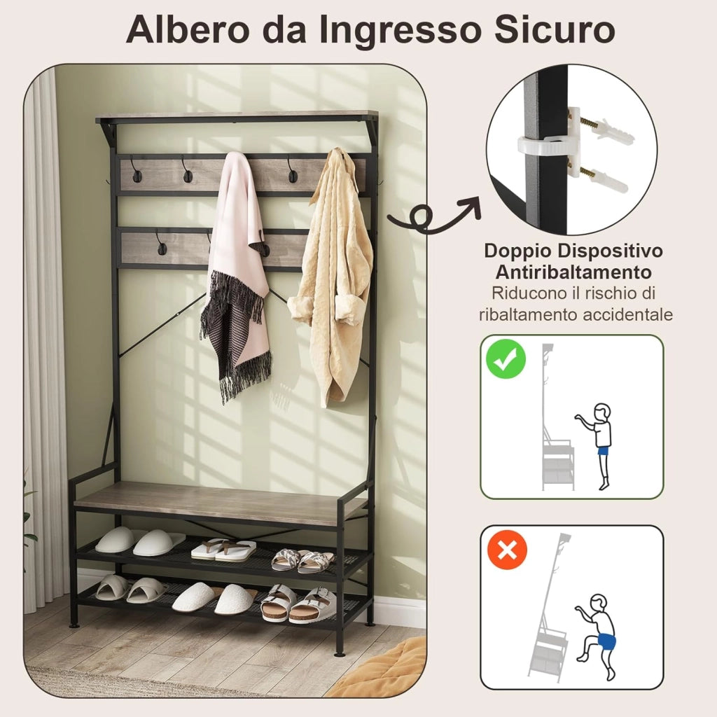 4 in 1 Appendiabiti da Ingresso, Armadio con Panca per Scarpe Scarpiera a 2 Ripiani, Struttura in Metallo e Kit Antivibrazione, 102 x 40 x 184 cm (Grigio)