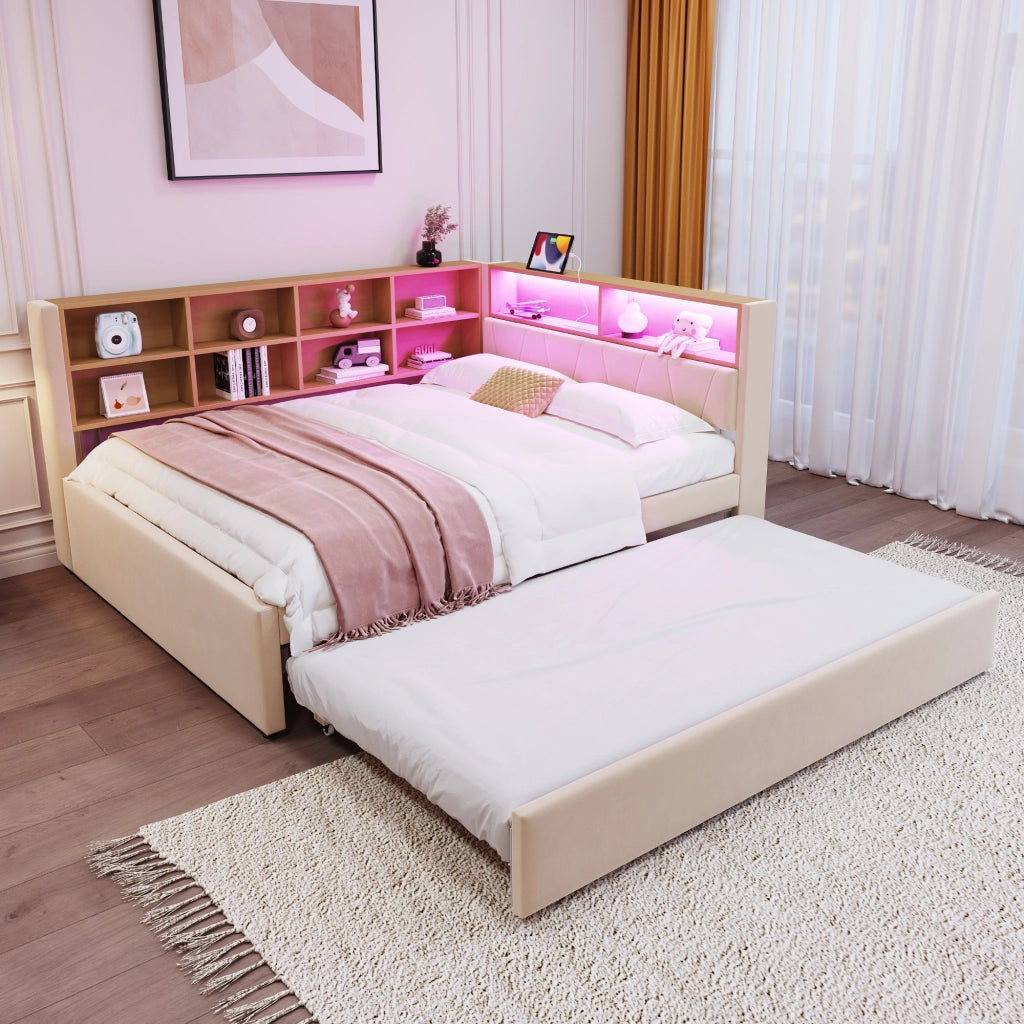 DESMIU Divano letto 140 × 200 cm 2 posti con letto estraibile 90 × 190 cm, LED, USB, tipo C e presa, senza materasso, beige