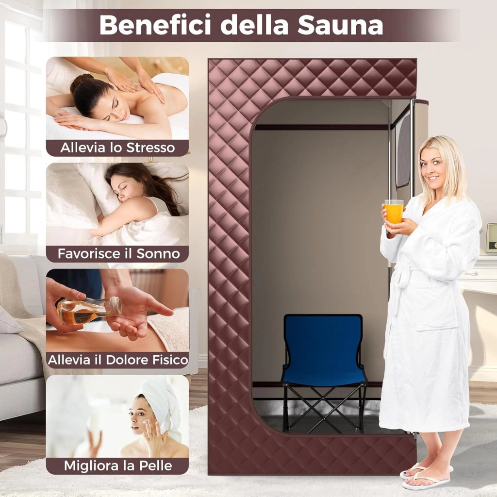 Sauna a Vapore Portatile 3L, Sauna da Casa con 9 Livelli di Regolazione della Temperatura da 35-63℃, Telecomando, Sedia Pieghevole e Massaggiatore per Piedi in Legno (caffè)