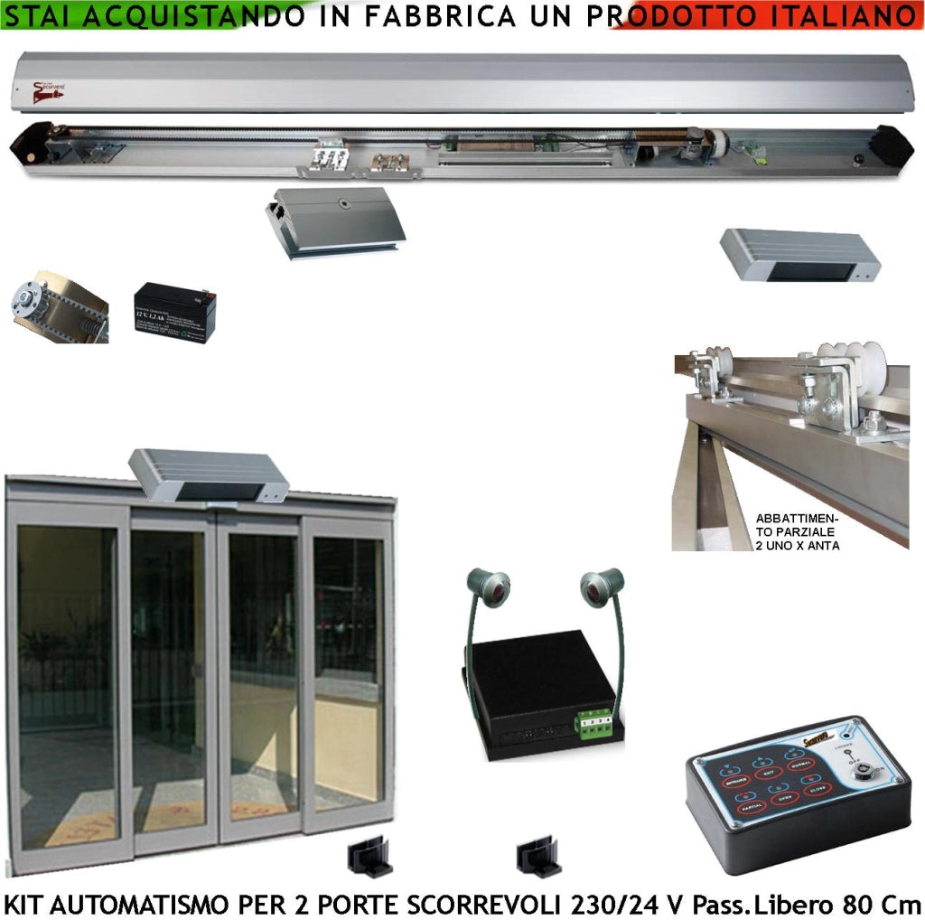 Kit Automazione Per 2 Porte Scorrevoli da 450 mm Passaggio Libero 800 mm Montate Trasmissione a Cinghia 2 Pinze Ruote Autolubr. Antischiac. 2 Sensori Avvic. 2 Abbattim. Parziale Selett. Alim. 230/24 V