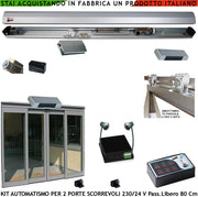 Kit Automazione Per 2 Porte Scorrevoli da 450 mm Passaggio Libero 800 mm Montate Trasmissione a Cinghia 2 Pinze Ruote Autolubr. Antischiac. 2 Sensori Avvic. 2 Abbattim. Parziale Selett. Alim. 230/24 V