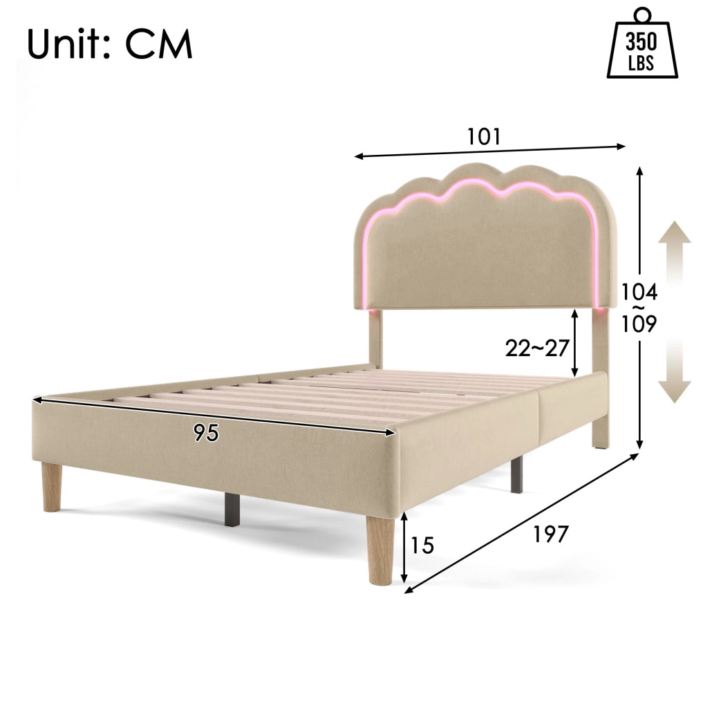 Letto imbottito LED 90x190 cm con testiera regolabile in lino beige