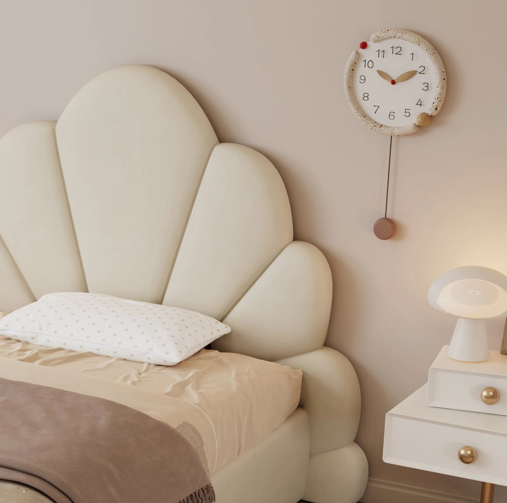 Letto singolo imbottito beige 90x200 cm in velluto con testiera a petali