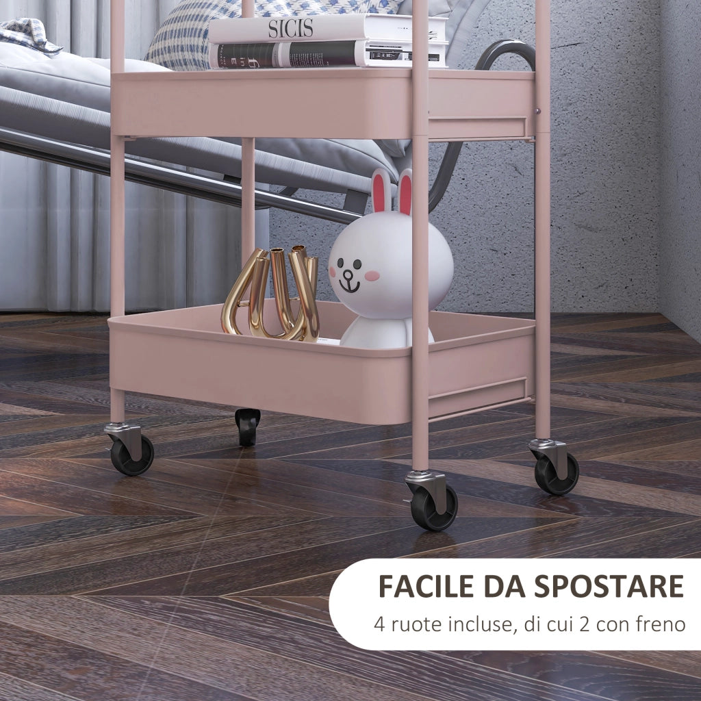 Carrello da Cucina a 3 Livelli ¨C zephmum ¨C Acciaio, Rosa, 45x30.6x79 cm