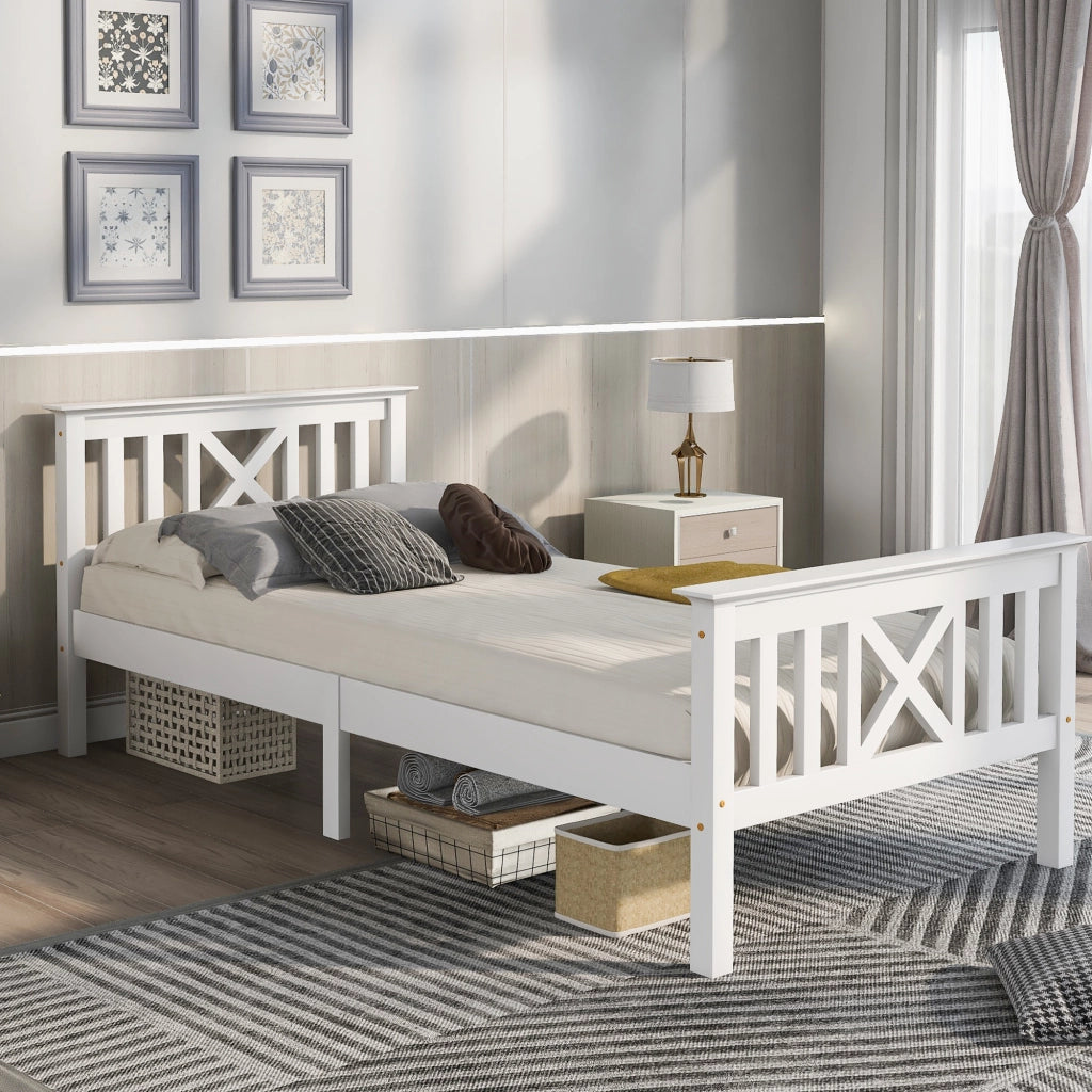 Letto Singolo 90×200 cm; 1 Posto con Testiera a X; senza Materasso; in Legno Massello; Bianco
