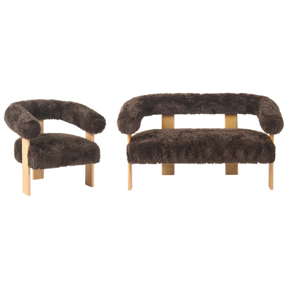 Set da salotto divano a 2 posti poltrona imbottita bouclé marrone scuro e marrone chiaro stile retrò soggiorno