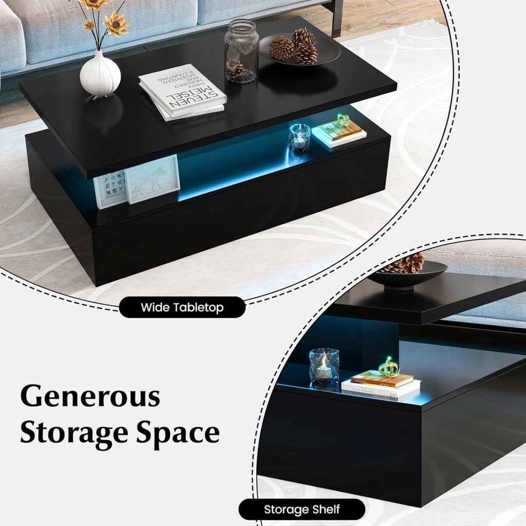 Tavolino da salotto con illuminazione dinamica a LED, tavolino da tè con colori di luce e luminosità regolabili, lucido, moderno tavolino a 2 livelli, 110 x 60 x 40 cm