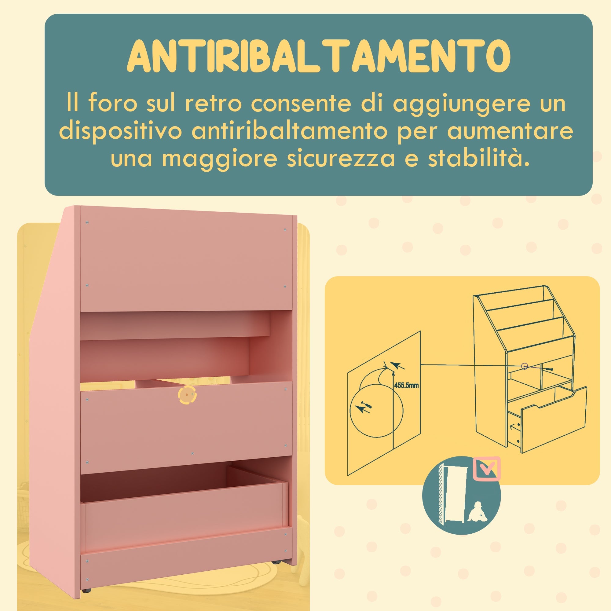 Libreria per Bambini con Ripiani Mensole e Cassetto 60x29,9x90 cm in MDF Rosa