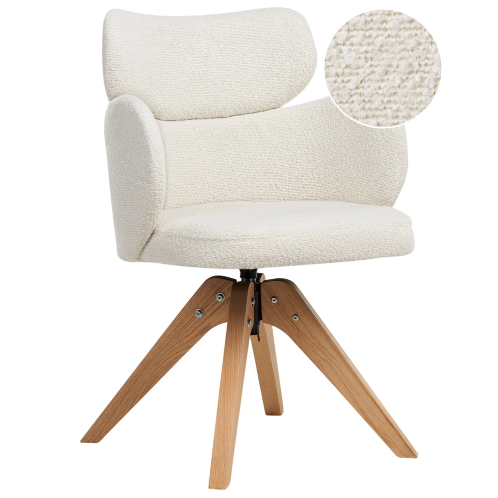 Sedia da pranzo girevole con schienale curvo in boucle beige chiaro stile scandinavo