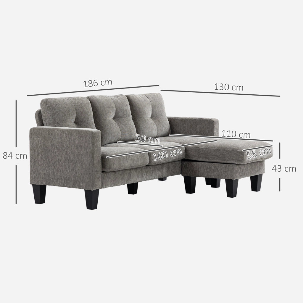 Divano 3 Posti Angolare con Penisola 186x130x84 cm in Tessuto Effetto Ciniglia Tortora