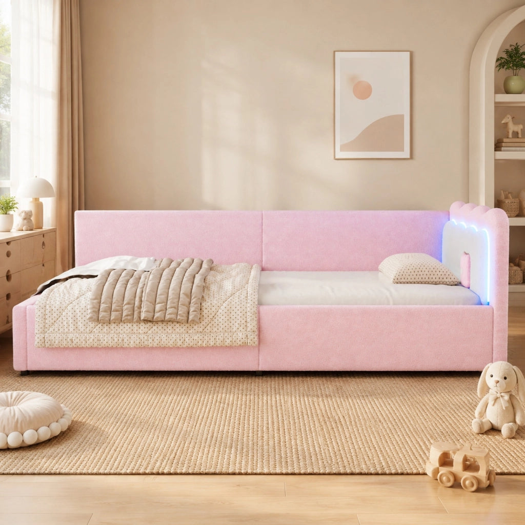 Divano letto rosa 90 x 200 cm con illuminazione LED e struttura in MDF
