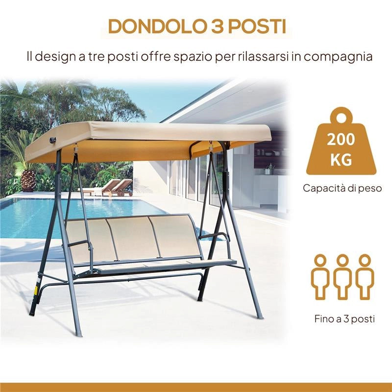 DONDOLO DA GIARDINO A 3 POSTI CON TETTUCCIO, SEDUTA TRASPIRANTE E TELAIO IN ACCIAIO, BEIGE