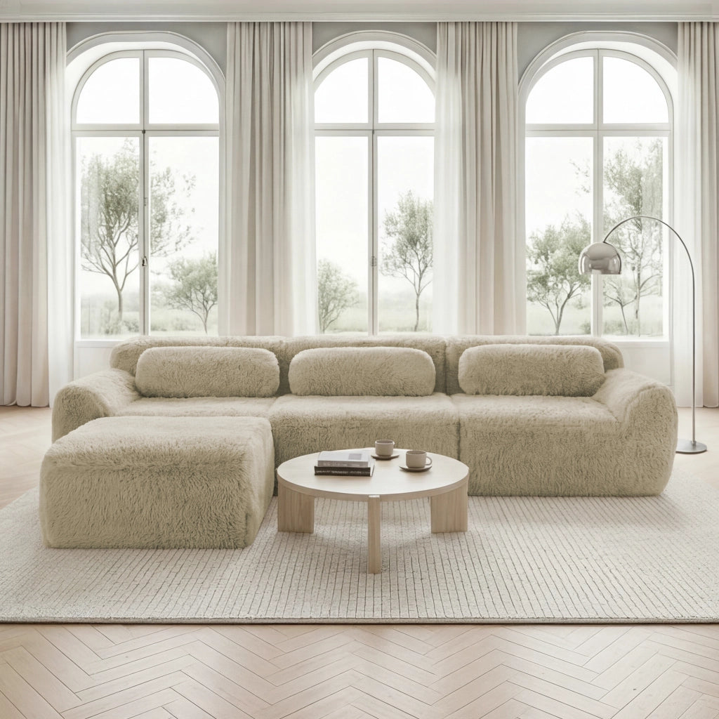 Divano Modulare ad Angolo con Pouf; senza Struttura e senza Montaggio; in Peluche; Cachi Chiaro