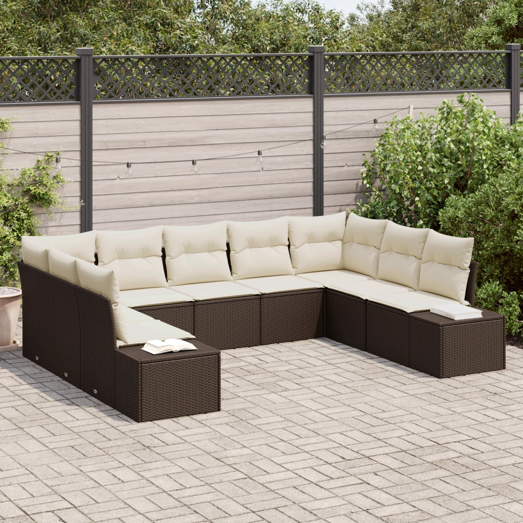 Set di Divani da Giardino 9 Pezzi con Cuscini in Rattan Poliestere Marrone