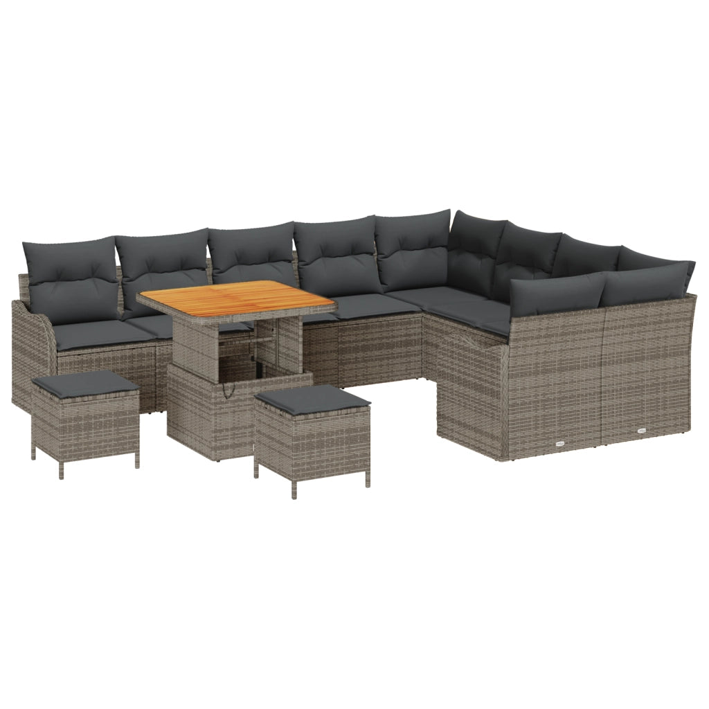 Set di divani da giardino  con cuscini grigi in polyrattan e acacia - 12 pezzi