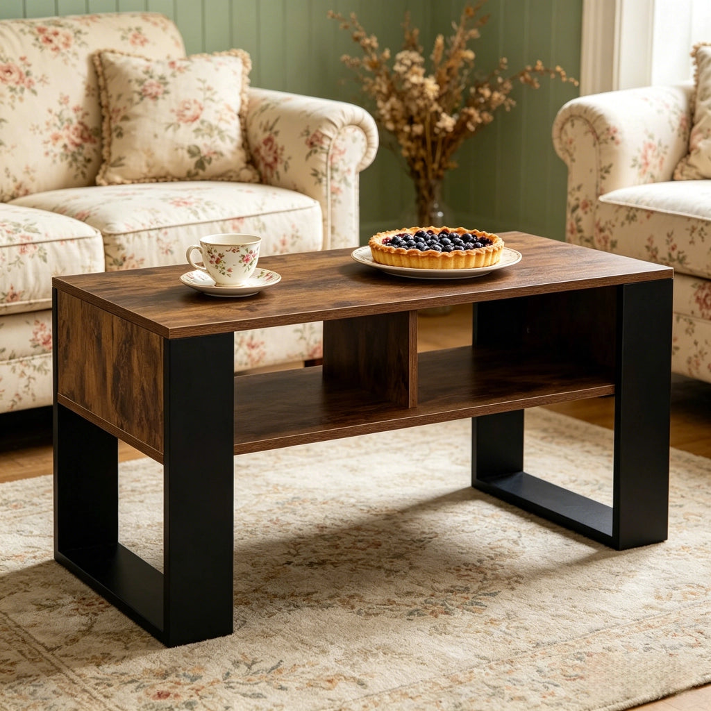 Tavolino basso con 2 vani aperti e piano ampio, per soggiorno, in legno, nero e marrone rustico, 90 × 45 × 45 cm
