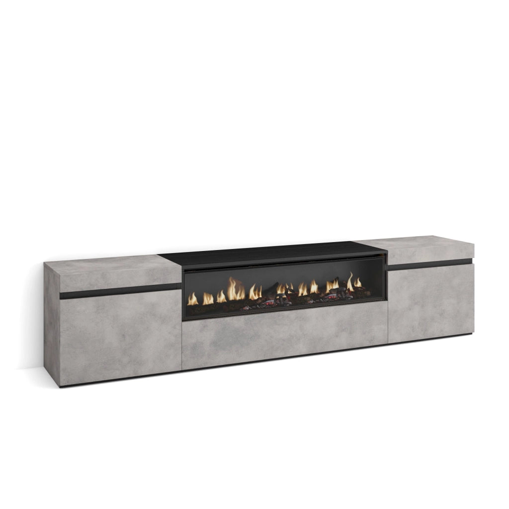 Mobile TV, 200x35x45cm, soggiorno, Per TV fino a 80", Camino elettrico, grigio cemento RF2223