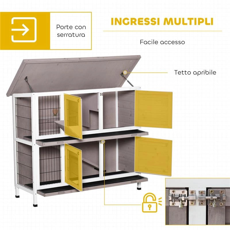 CONIGLIERA IN LEGNO A 2 LIVELLI CON TETTO APRIBILE, MANGIATOIA E VASSOI ESTRAIBILI, 122X50X101 CM, MARRONE