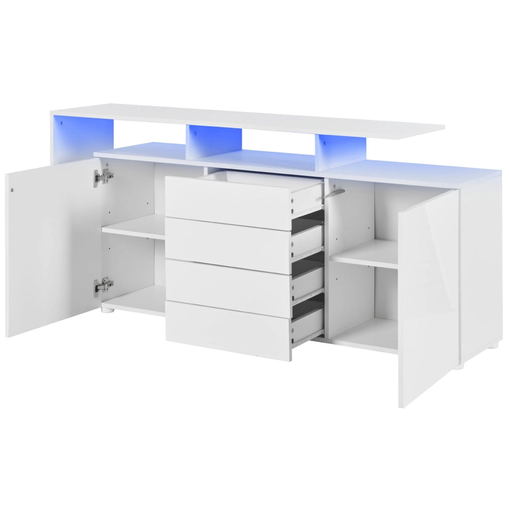 Credenza moderna 160 cm con LED; 4 cassetti; 2 ante e vetro; bianca