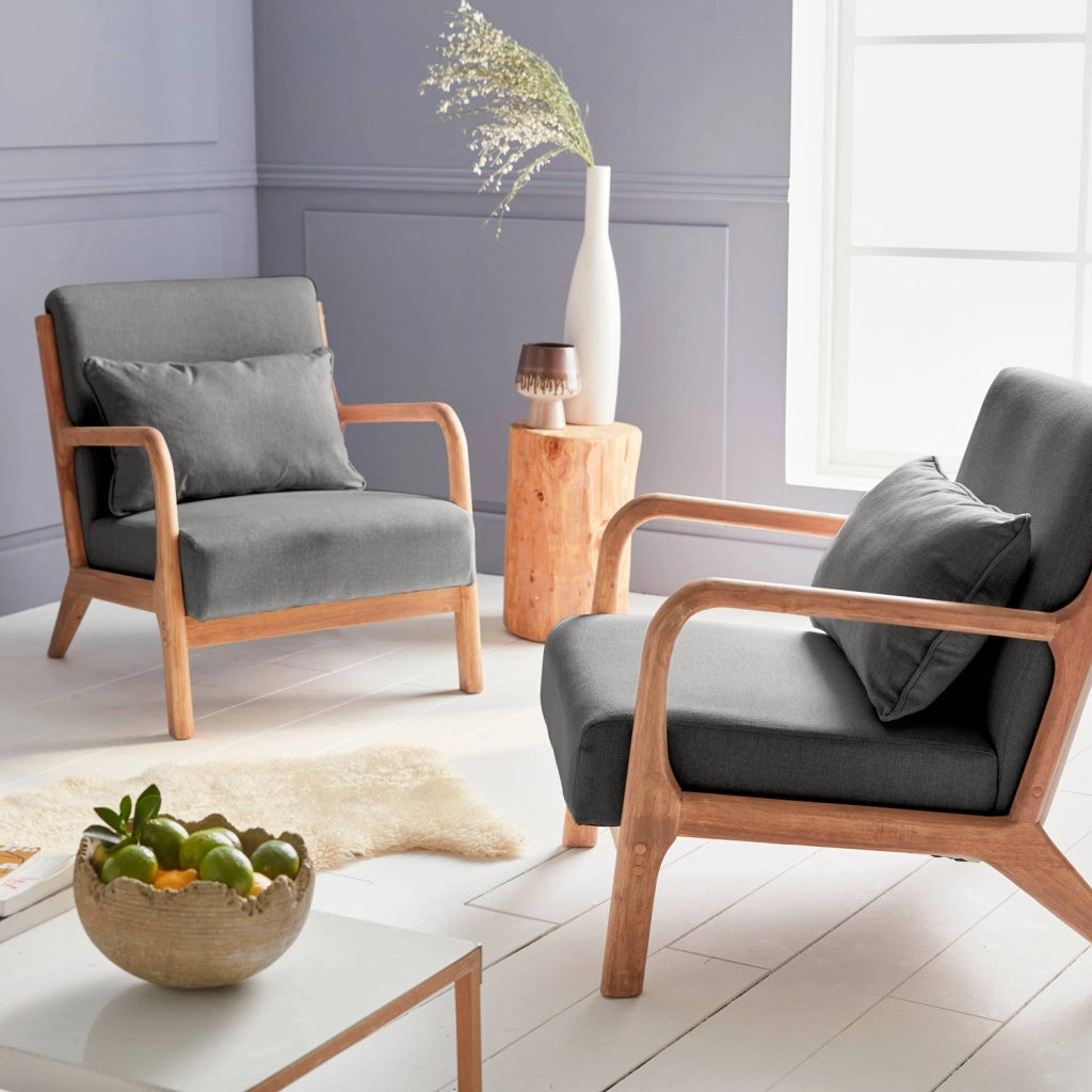 Poltrona scandinava in legno e tessuto con braccioli, grigio scuro