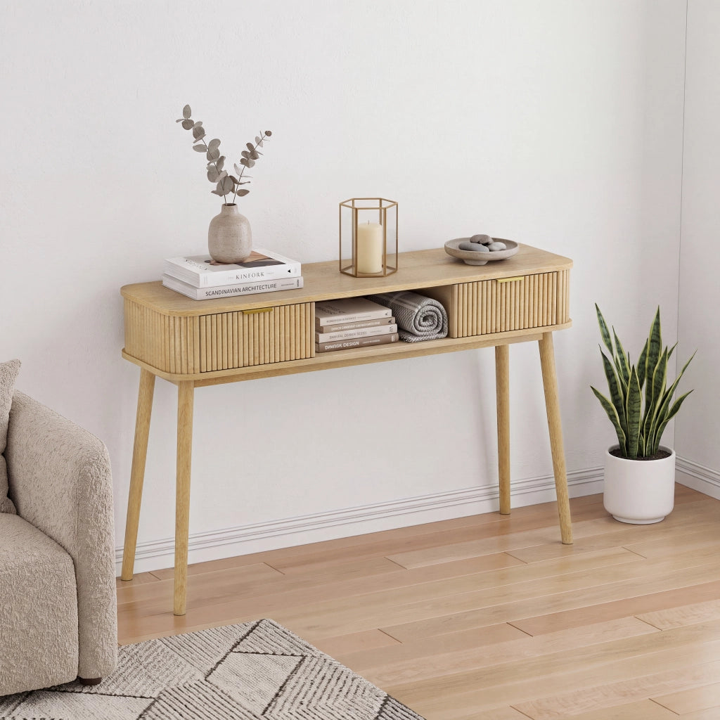 Consolle con 2 cassetti e ripiano aperto in MDF rovere