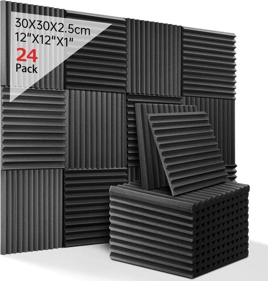 Abitazione acustica schiuma - 24 pezzi - nero - per podcast - studi di registrazione - uffici - schiuma per abitazione - 30 x 30 x 25 cm - nero