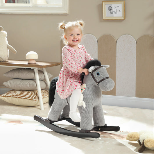 Cavallo a Dondolo con Suoni per Bambini da 2-5 Anni Coniglietto Incluso in Legno e Peluche Grigio