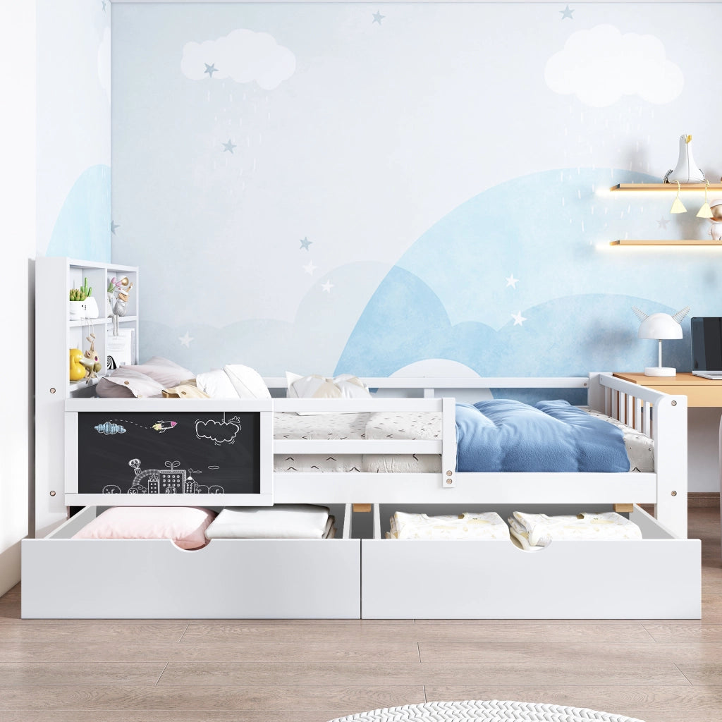 OKWISH Letto Bambino Singolo 90×200 cm con 2 Cassetti, Lavagna e Sponda di Sicurezza, senza Materasso, in Legno Massello e MDF, Bianco
