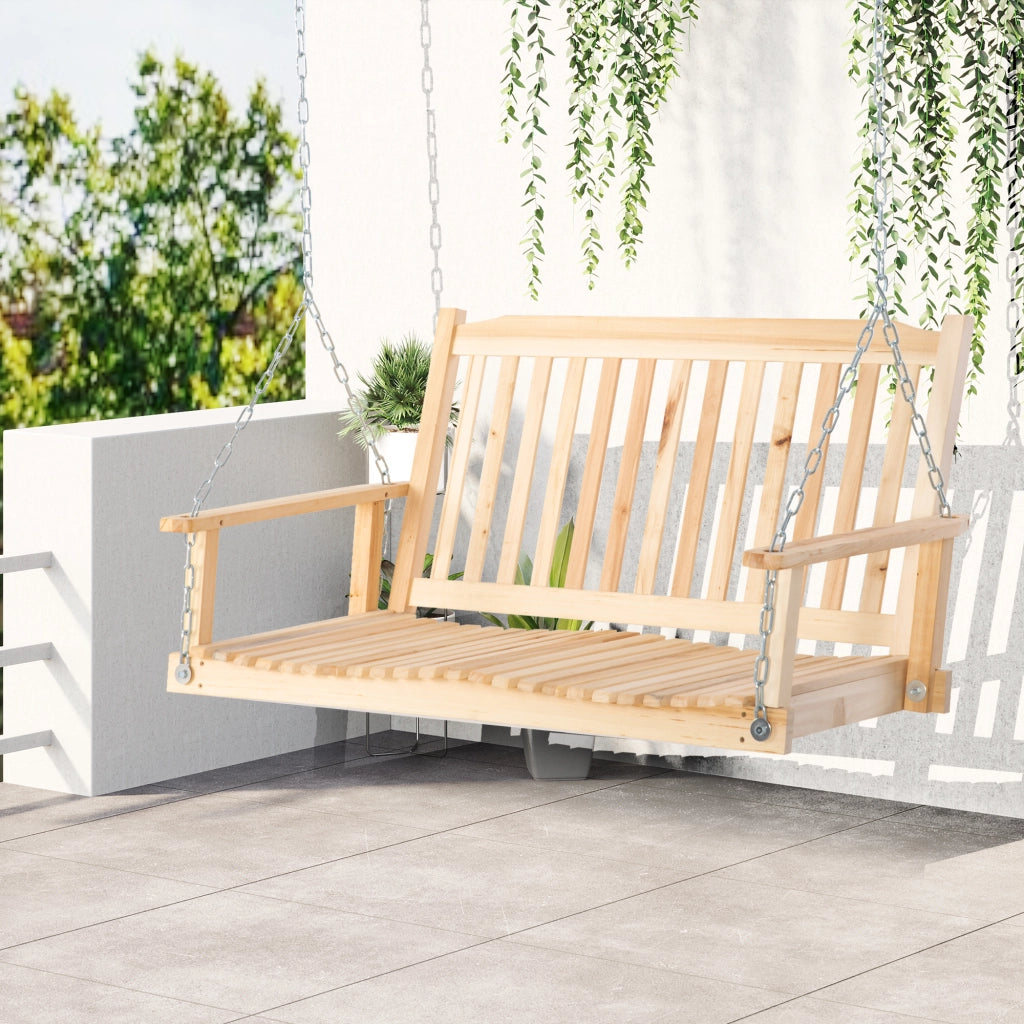 Altalena a 2 posti in legno massello per patio e terrazzo colore naturale.