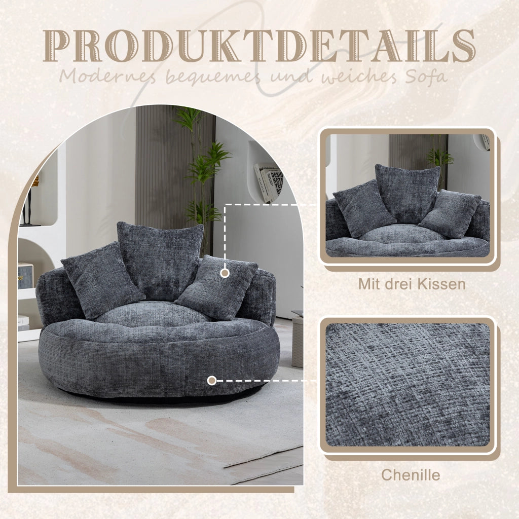 Poltrona Pouf per Adulti con Schienale Alto e Braccioli; Poltrona Gaming Relax 3 Cuscini; in Ciniglia Grigio