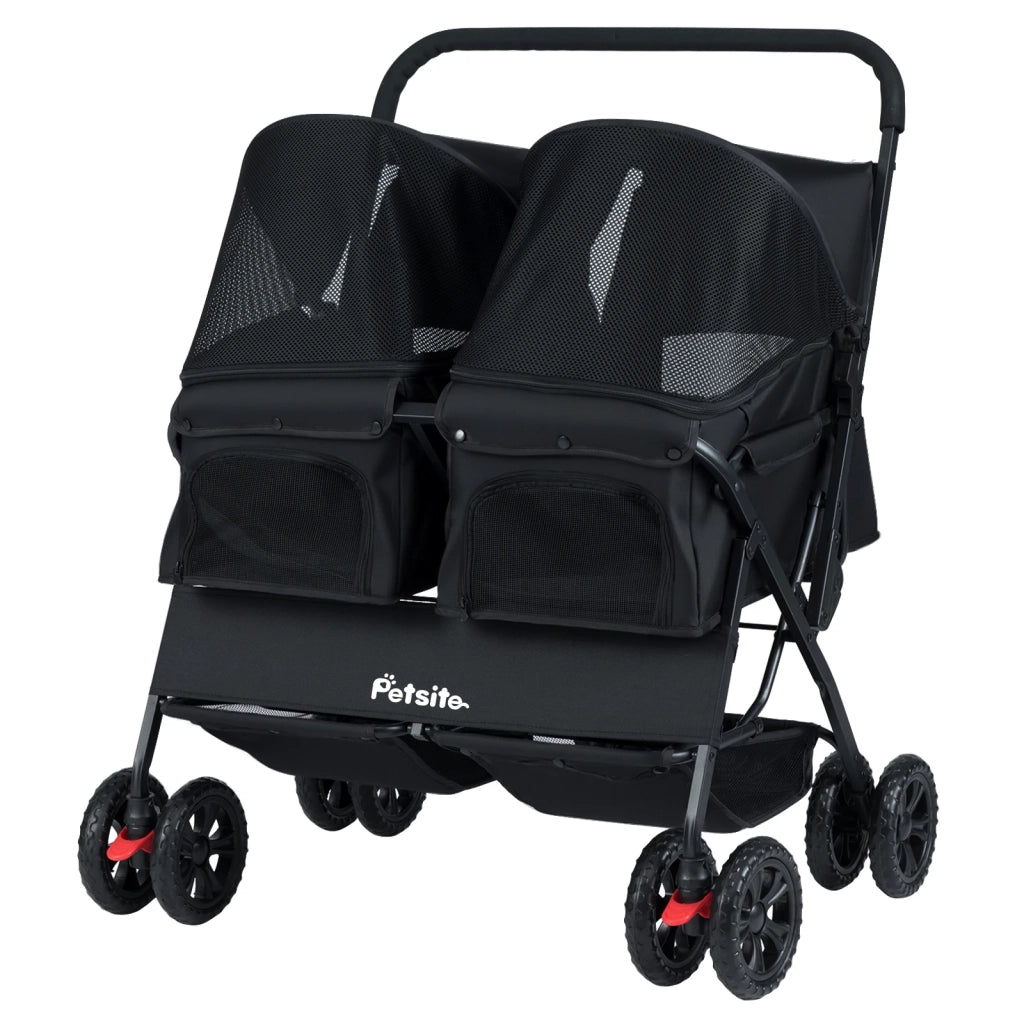 Foldable Double Pet Stroller with Adjustable Sunshade and Storage Basket-Black