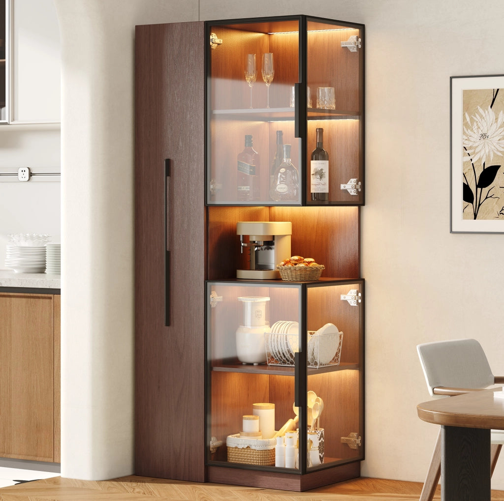 Vetrina ULEVR 70x38x160 cm con vetro temperato frontale e laterale, ripiani estraibili e LED multicolore, noce