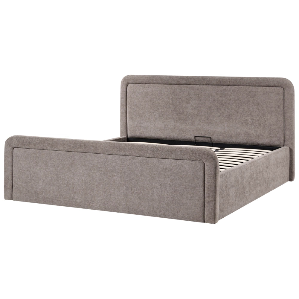 Letto contenitore rivestito in tessuto grigio marrone 180 x 200 cm testiera asimmetrica a gradini in stile scandinavo