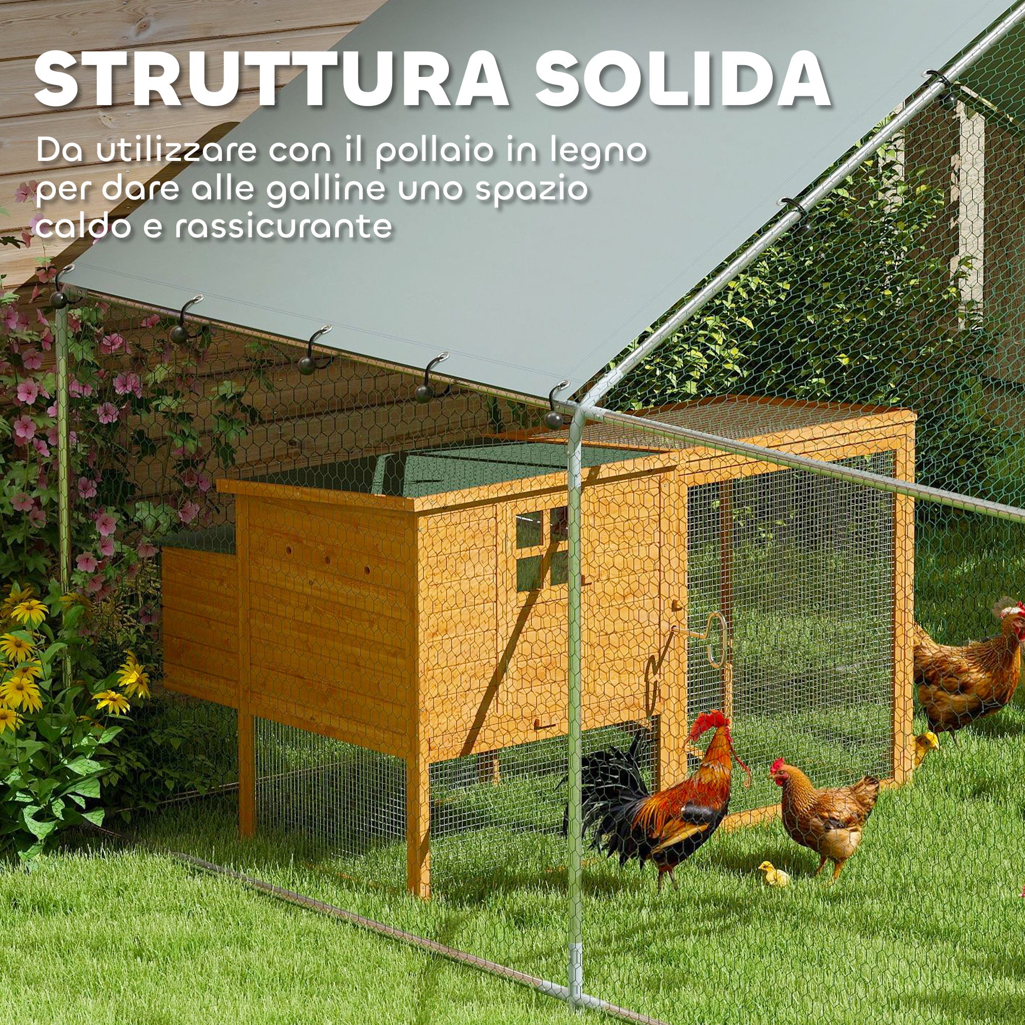 Recinto per Galline da 10 mq 300x340x190 cm per 10-15 Galline con Tetto Impermeabile in Acciaio e Tessuto Argento