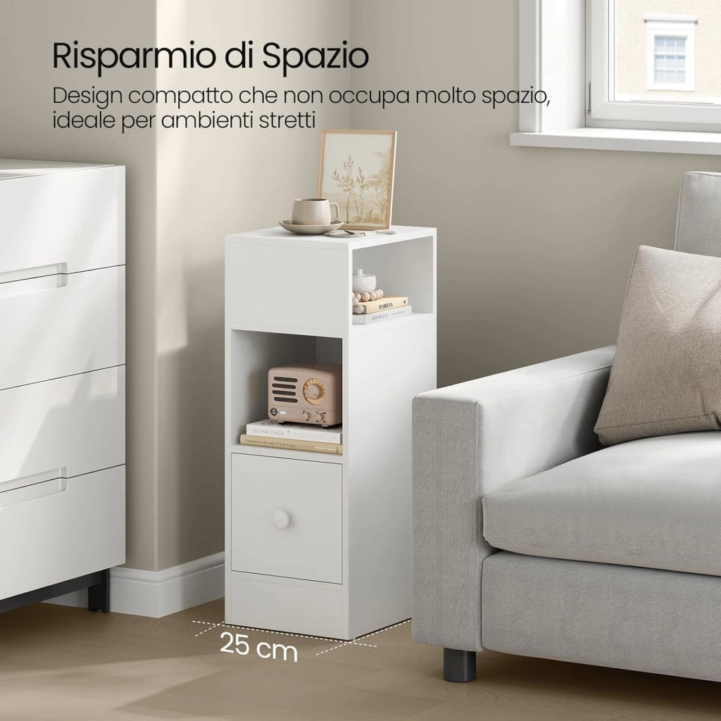 Set di 2 Comodino Stretto, Comodino con 2 Scomparti a Giorno e Cassetto, Tavolino da Notte 25x30x66cm, Mobile Salvaspazio per Camera da Letto, Soggiorno, in Truciolato, Bianco, 0179ZZ-2